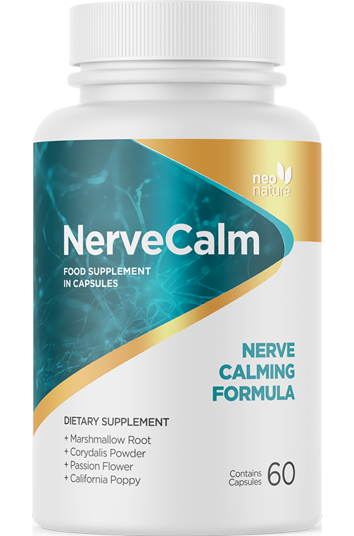 NerveCalm nerve calming formula supplement bottle — 100% plant-based natural nerve pain relief